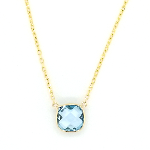 14K Yellow Gold Cushion Cut Sky Blue Topaz Bezel Pendant Jaymark Jewelers Cold Spring, NY