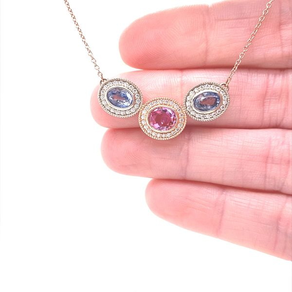 14K Rose and White Gold Triple Sapphire Halo Necklace Image 3 Jaymark Jewelers Cold Spring, NY
