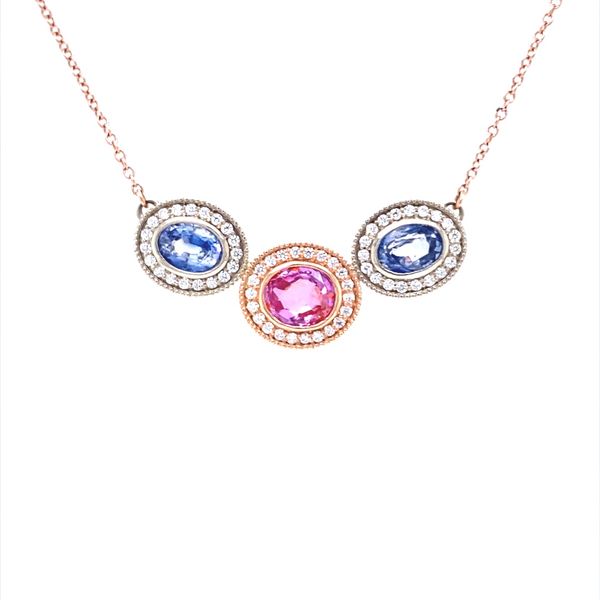 14K Rose and White Gold Triple Sapphire Halo Necklace Jaymark Jewelers Cold Spring, NY