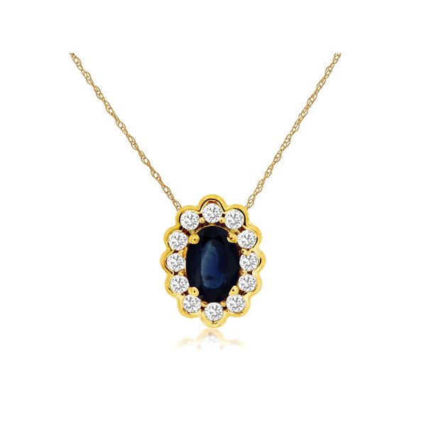 14K Yellow Gold Sapphire and Diamond Halo Necklace Jaymark Jewelers Cold Spring, NY