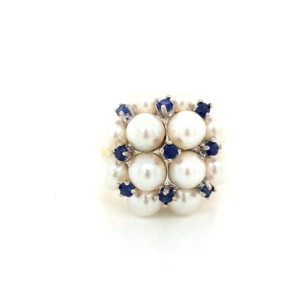 White Gold Pearl and Sapphire Cluster Ring Image 2 Jaymark Jewelers Cold Spring, NY