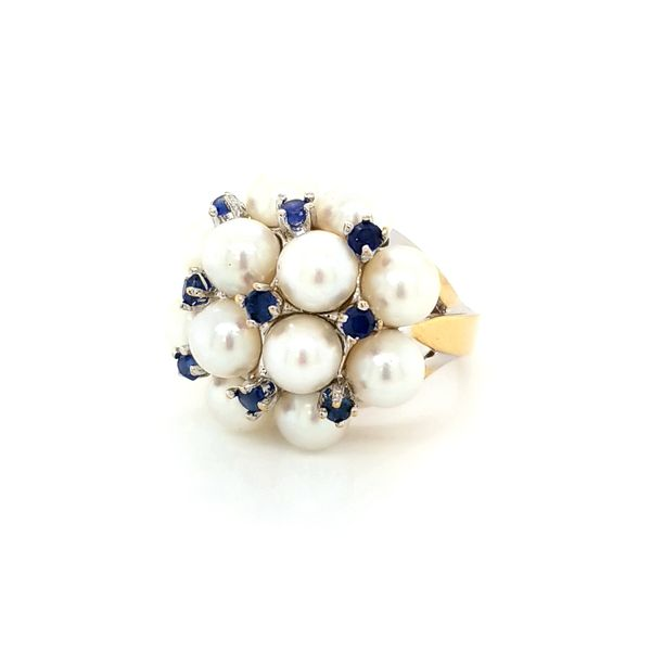White Gold Pearl and Sapphire Cluster Ring Jaymark Jewelers Cold Spring, NY