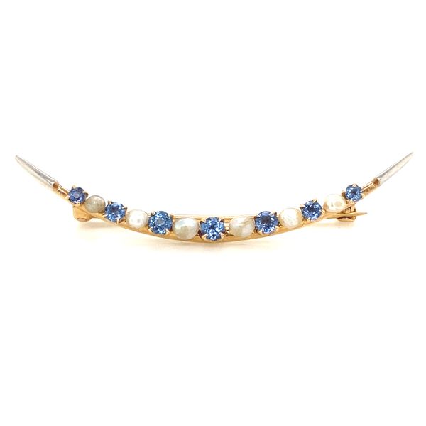 14K Yellow Gold Curved Pearl and Imitation Sapphire Prong-Set Pin Jaymark Jewelers Cold Spring, NY