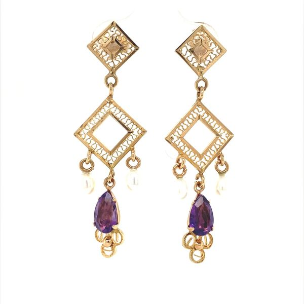 14K Gold Amethyst and Pearl Filigree Dangle Earrings Jaymark Jewelers Cold Spring, NY