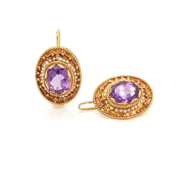 14K Yellow Gold Vintage-Style Amethyst and Seed Pearl Earrings Jaymark Jewelers Cold Spring, NY