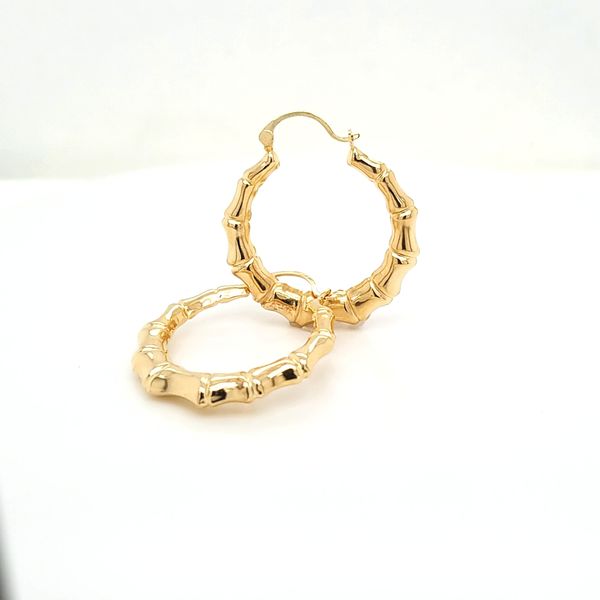 14K Yellow Gold Hollow Round Tapered Bamboo Design Hoop Earrings Jaymark Jewelers Cold Spring, NY