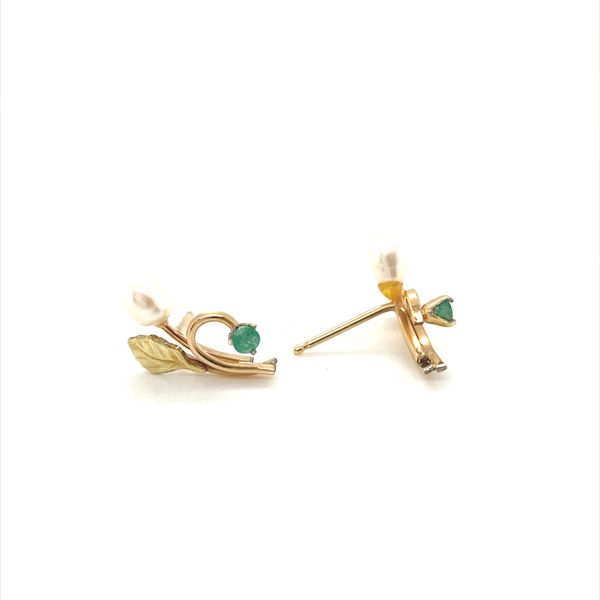14K Yellow Gold Fresh Water Pearl and Emerald Leaf Earrings Image 3 Jaymark Jewelers Cold Spring, NY