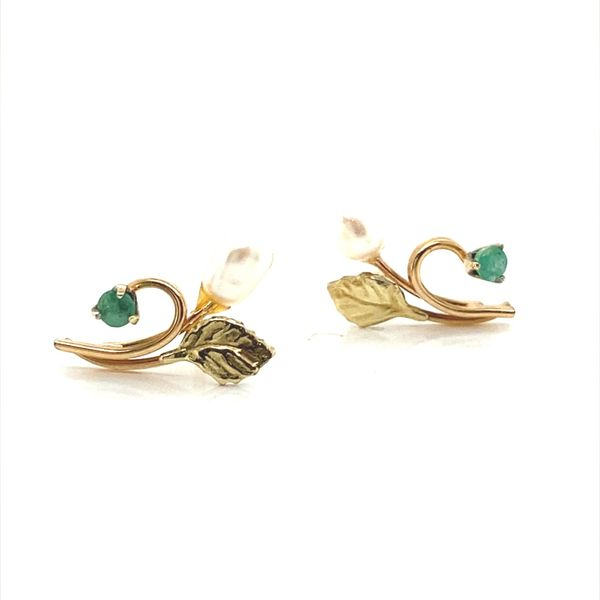 14K Yellow Gold Fresh Water Pearl and Emerald Leaf Earrings Jaymark Jewelers Cold Spring, NY