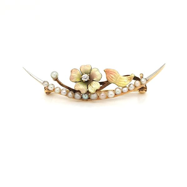 14K Yellow Gold Pearl and Diamond Floral Pin Jaymark Jewelers Cold Spring, NY