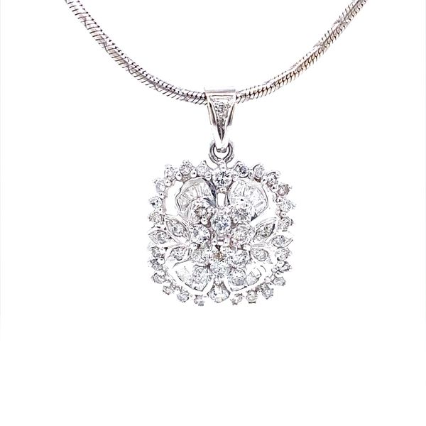 14K White Gold Round and Baguette Shape Diamond Pendant Jaymark Jewelers Cold Spring, NY