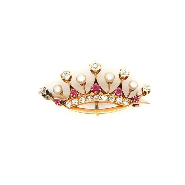14K Yellow Gold Ruby and Diamond Crown Pin Jaymark Jewelers Cold Spring, NY