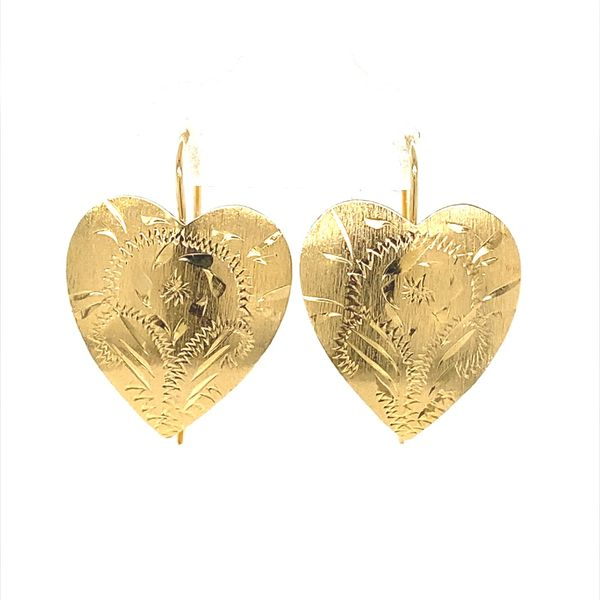 14K Yellow Gold Engraved Heart Shaped Shield Earrings Jaymark Jewelers Cold Spring, NY