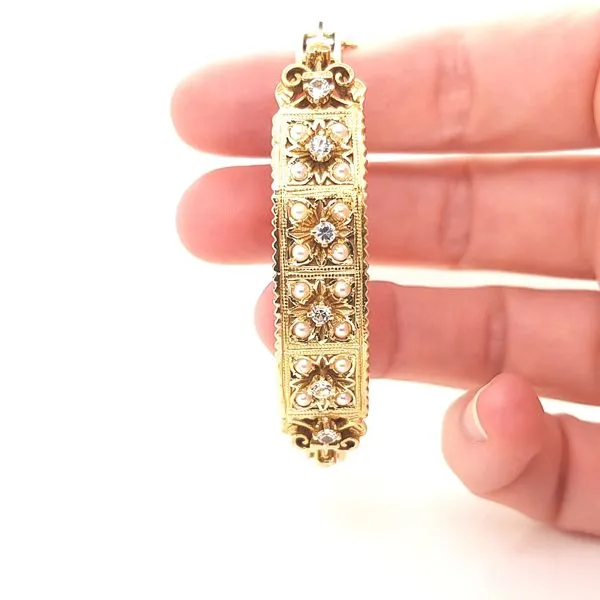 14K Yellow Gold Vintage Style Bangle with Pearl and Diamond Accents Image 2 Jaymark Jewelers Cold Spring, NY