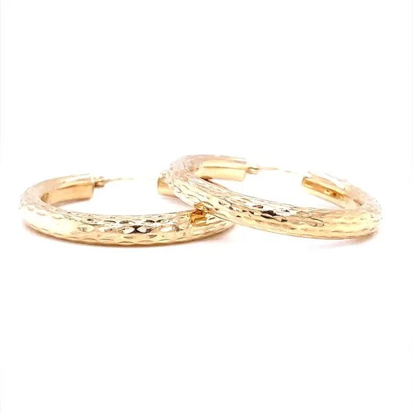 14K Yellow Gold Round Hammered Hoop Earrings Jaymark Jewelers Cold Spring, NY