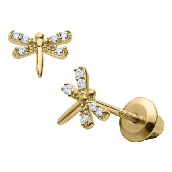 14Kt Yellow Gold Childrens Dragonfly Stud Earrings with Cubic Zirconia Image 2 JMR Jewelers Cooper City, FL