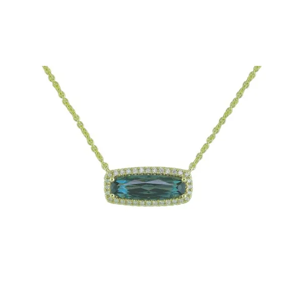 14K Yellow Gold Elongated Cushion London Blue Topaz and Diamond Halo Bar Necklace Jo & Co. Jewelers Hardy, VA