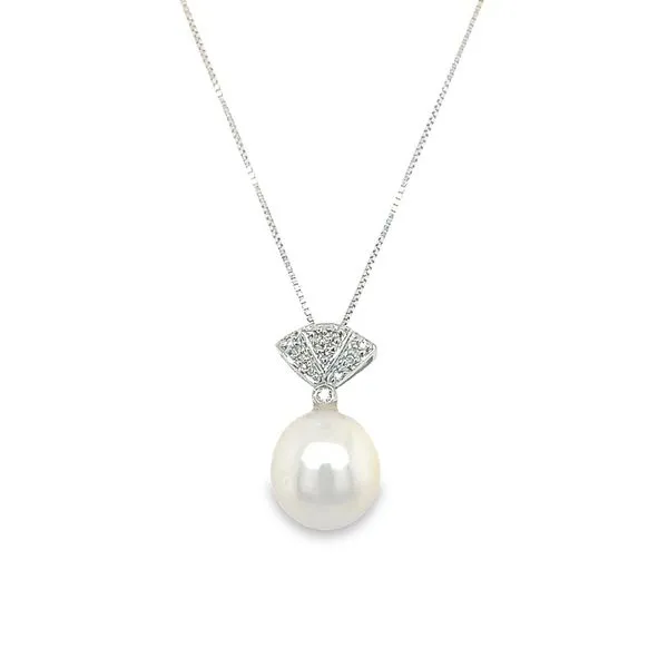 White 14 Karat Gold Fancy Bail Single Pearl Pendant With Round Diamonds Jo & Co. Jewelers Hardy, VA