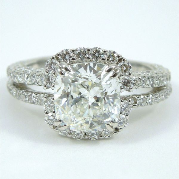 Large Cushion Cut Diamond Halo Engagement Ring Joint Venture Jewelry Cary, NC