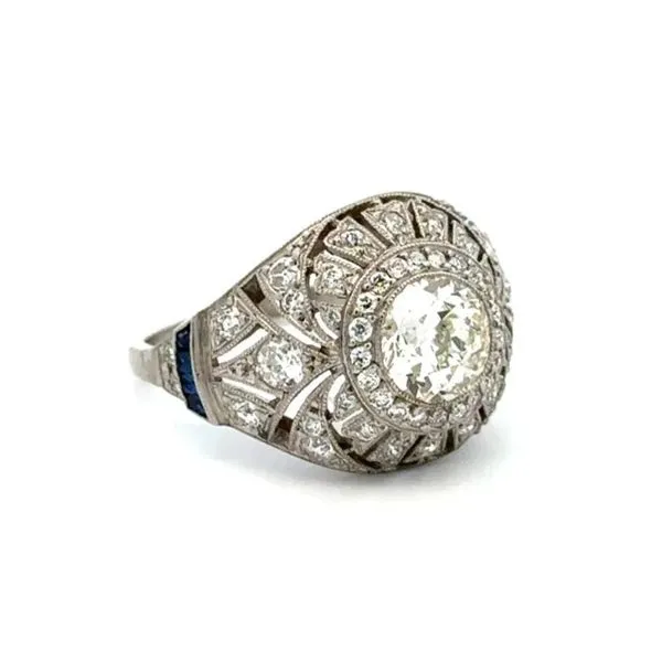 Platinum 1.13ct Old European Cut Diamond Vintage Dome Ring with Sapphire & Diamond Accents Image 2 Joint Venture Jewelry Cary, NC