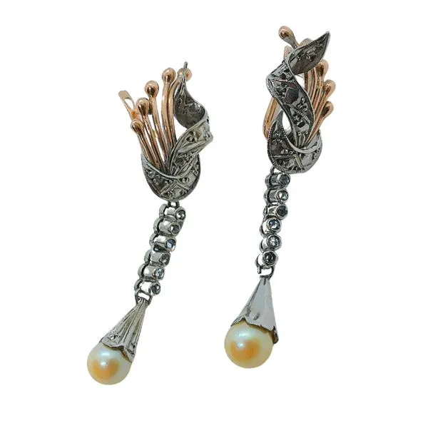 Vintage Platinum and Rose Gold Diamond & Pearl Dangle Earrings Joint Venture Jewelry Cary, NC