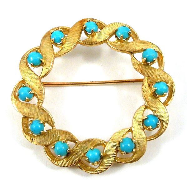 Yellow Gold & Turquoise Circle Pin Joint Venture Jewelry Cary, NC