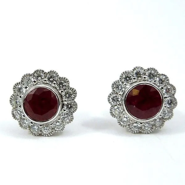 Round Cut Ruby & Diamond Halo Style Earrings Joint Venture Jewelry Cary, NC