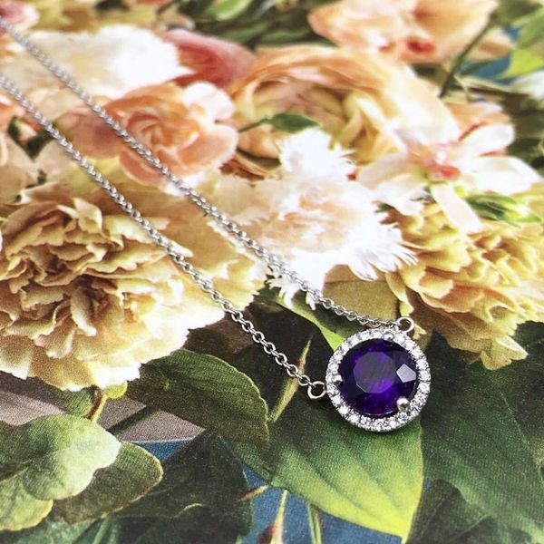 Deep Purple Amethyst & Diamond Halo Style Pendant Image 2 Joint Venture Jewelry Cary, NC