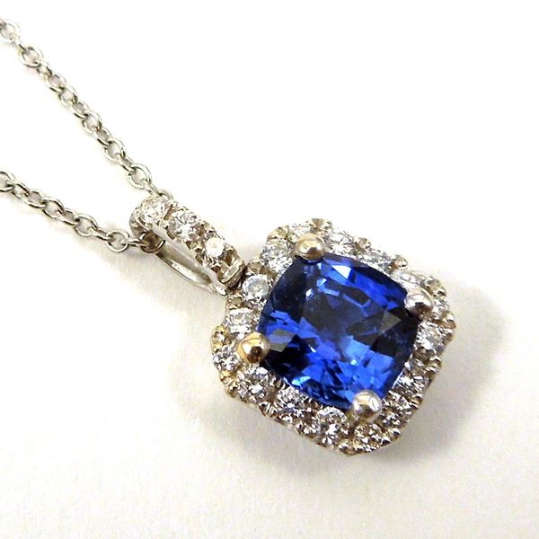 Cushion Cut Sapphire & Diamond, Halo Style Pendant Joint Venture Jewelry Cary, NC