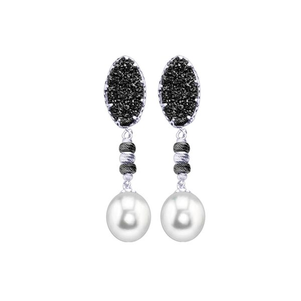 Silver Drop Pearl Earrings with Oval Druzy J. Thomas Jewelers Rochester Hills, MI