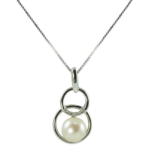 Double Circle Pendant With Freshwater Button Pearl And 5 Diamonds And Triple Strand Sterling Silver Cable Chains, 18