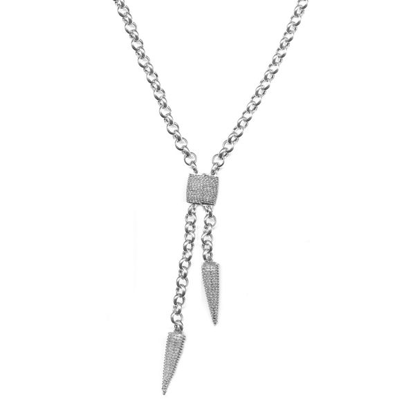 Sterling Silver Lariat Necklace With Diamond Cut Center Piece And Arrow PointTassels By Frederic Duclos. J. Thomas Jewelers Rochester Hills, MI