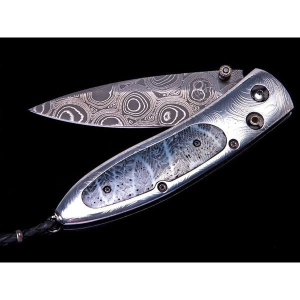 100,000 Year-Old Fossil Coral Damascus Pocket Knife J. Thomas Jewelers Rochester Hills, MI