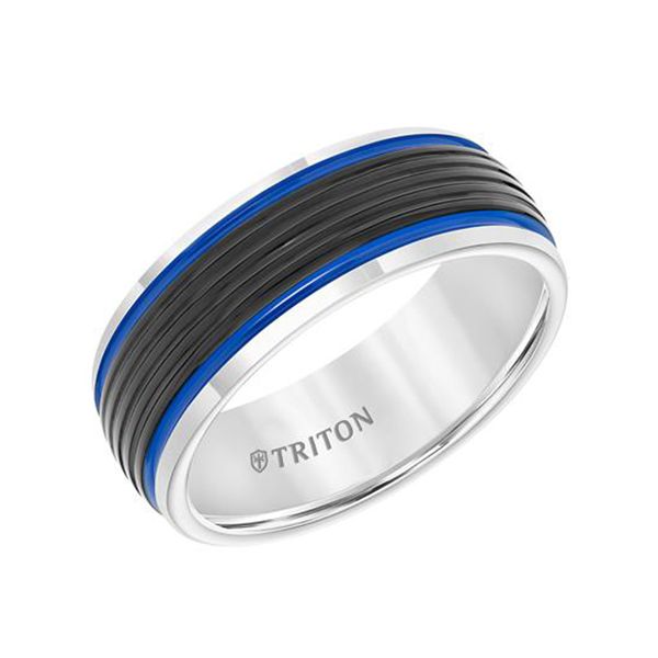 Tungsten Carbide Band With Electric Blue Stripes J. Thomas Jewelers Rochester Hills, MI