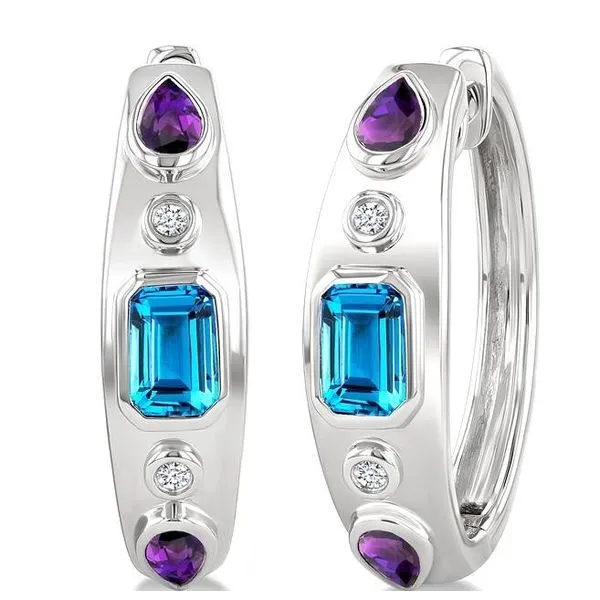 Sterling Silver Blue Topaz, Amethyst & Diamond Hoop Earrings – 0.08 CTW MarBill Jewelers Belle Vernon, PA