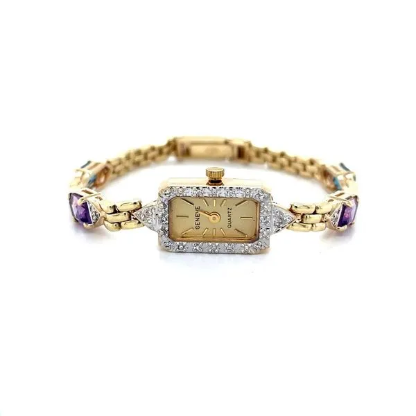 14K Yellow Gold Estate Geneva Diamond, Amethyst, and Topaz Quartz Dress Watch Image 2 Minor Jewelry Inc. Nashville, TN
