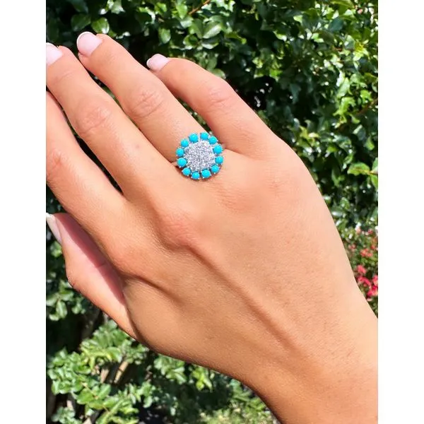 Turquoise Halo Cluster Ring in White Gold Sparkle Image 2 Mollys Jewelers Brooklyn, NY