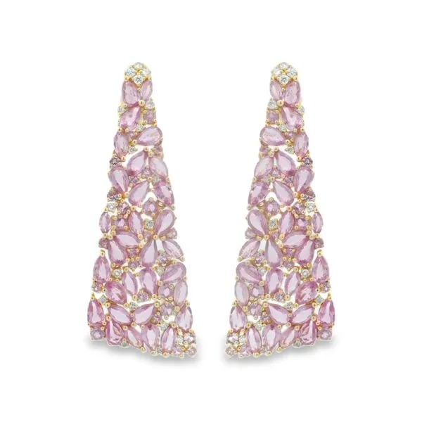 14Kt Yellow Gold Pink Sapphire & Diamond Tapered Statement Earrings Mollys Jewelers Brooklyn, NY