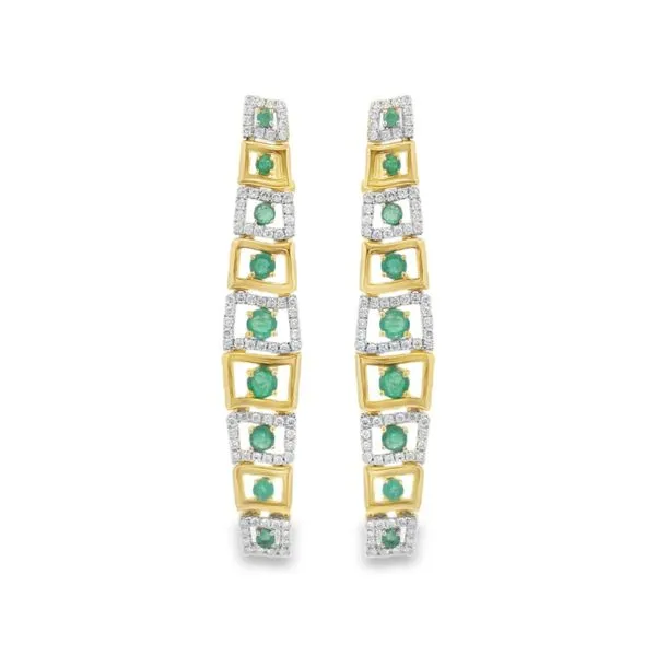 Lady's 14Kt Yellow Gold Emerald and Diamond Geometric Drop Earrings Mollys Jewelers Brooklyn, NY