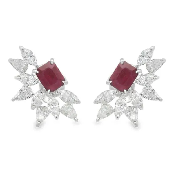 White Gold CrimsonLeaf Ruby & Diamond Cluster Studs Mollys Jewelers Brooklyn, NY