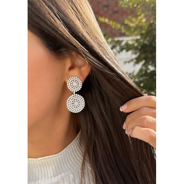 Pearl Orbit Double Drop Diamond Earrings in White Gold Image 2 Mollys Jewelers Brooklyn, NY