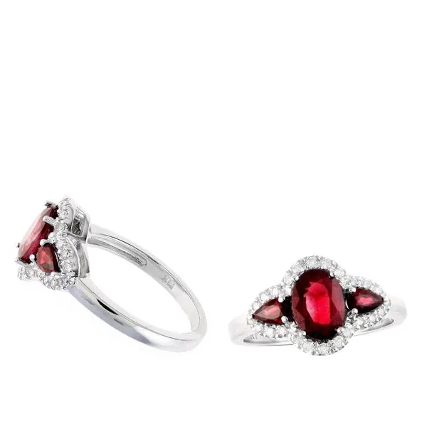 14K White Gold Halo Three Stone Ruby Ring Moore Jewelers Laredo, TX