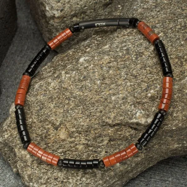 Men's Stainless Steel Inferno Red Jasper Onyx Bead Bracelet Image 2 Morin Jewelers Southbridge, MA