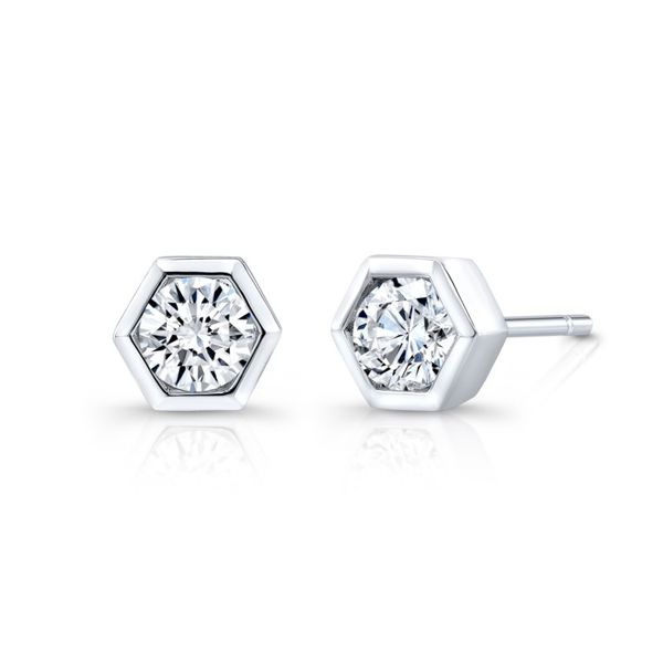 Lady's 18K White Gold Hexa-Bezel Stud Earrings W/2 Diamonds Orin Jewelers Northville, MI