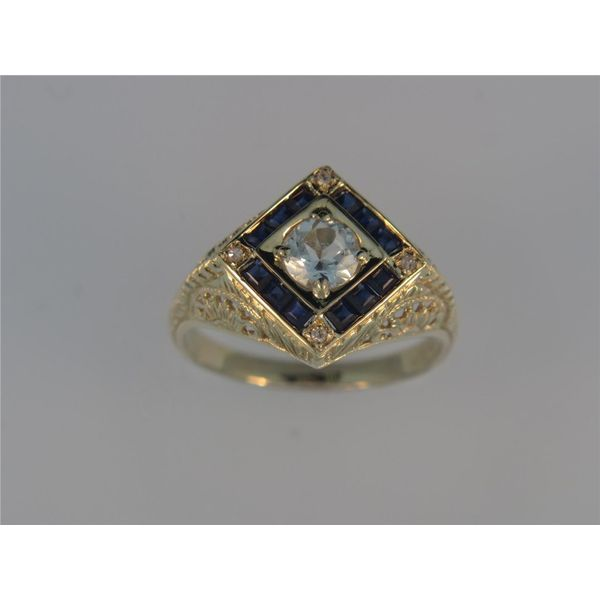 ESTATE - Lady's 14k Yellow Gold Ring W/1 Aquamarine, 12 Sapphires & 4 Diamonds Orin Jewelers Northville, MI