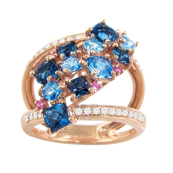 Lady's 14k Rosé Gold Fashion Ring With Blue Topaz, Pink Sapphires & Diamonds Orin Jewelers Northville, MI