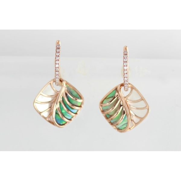 14 Karat Rosé Gold  Earrings With 26 Diamonds, Inlaid White Mother Of Pearl & Abalone Orin Jewelers Northville, MI