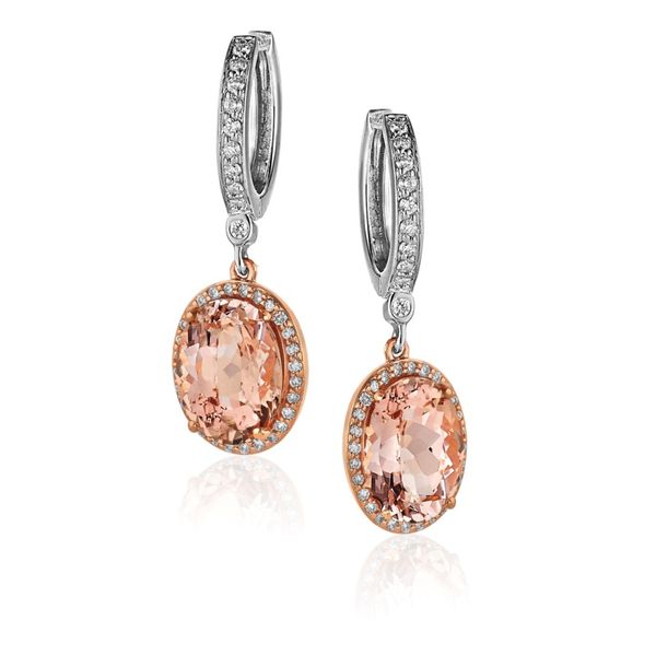 Lady's 14K Two Tone White & Rose Gold Drop Earrings w/2 Morganites & 44 Diamonds Orin Jewelers Northville, MI