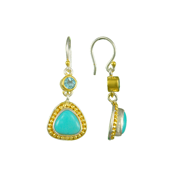 Lady's Two Tone Sterling Silver & 22K Gold Vermeil Overlay Earrings w/Baby Blue Topaz & Turquoise Orin Jewelers Northville, MI