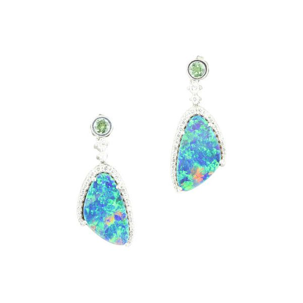 14k Australian Opal Doublet, Mint Garnet, & Diamond Earrings Orin Jewelers Northville, MI