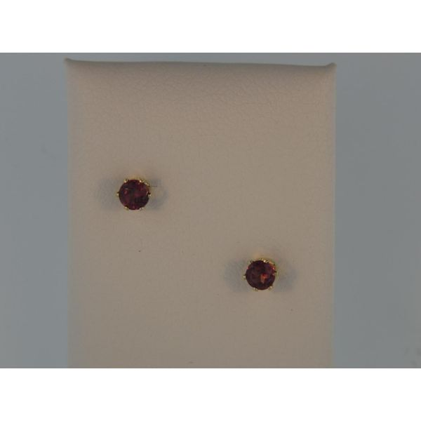 Yellow Gold Safety Earrings With 2= Round Rhodalite Garnets Orin Jewelers Northville, MI